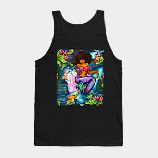 Mermaid with full afro checking her phone ii with Koi fish in koi pond with plants and flowers Tank Top